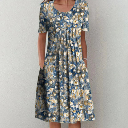Women's Midi Dress Short Sleeve with Pleated Front and Side Pockets
