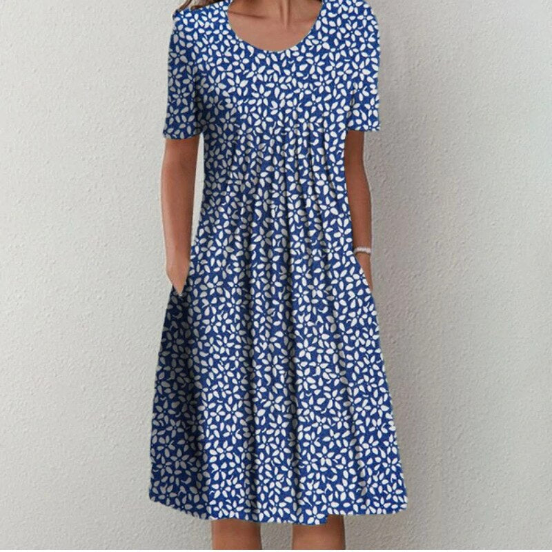Women's Midi Dress Short Sleeve with Pleated Front and Side Pockets