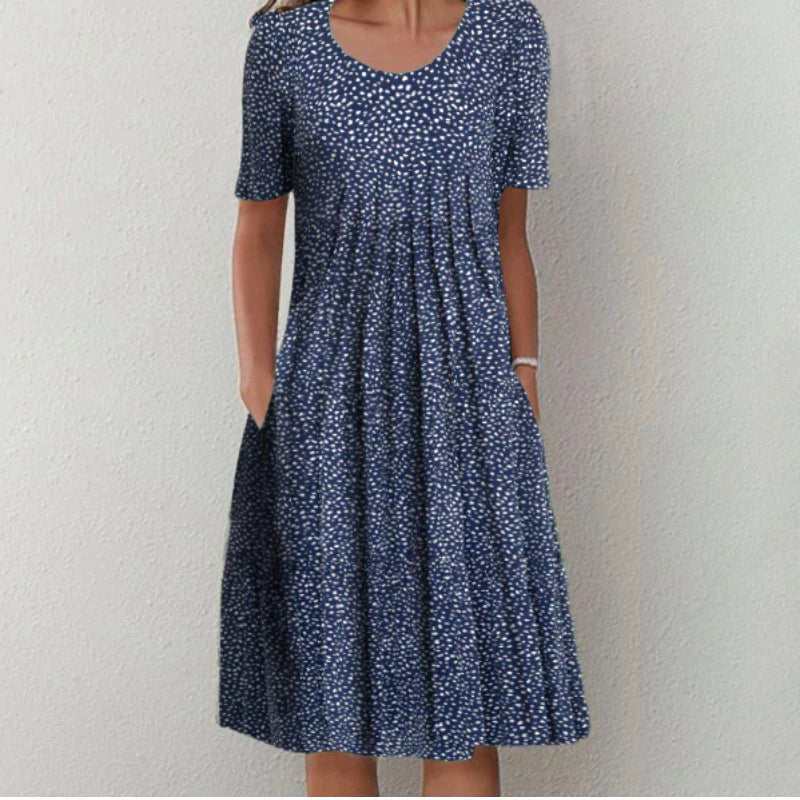 Women's Midi Dress Short Sleeve with Pleated Front and Side Pockets