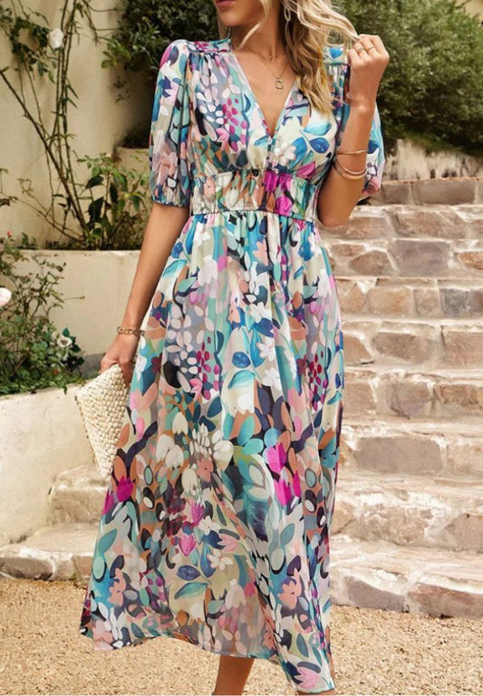 Women's Midi Dress with Floral Print, V-Neckline and Puff Sleeves - 1