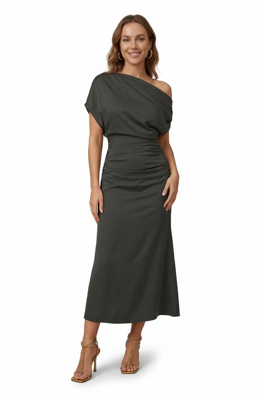 Women’s Midi Dress with Off-Shoulder, Asymmetrical Sleeve and Gathered Waist - 1