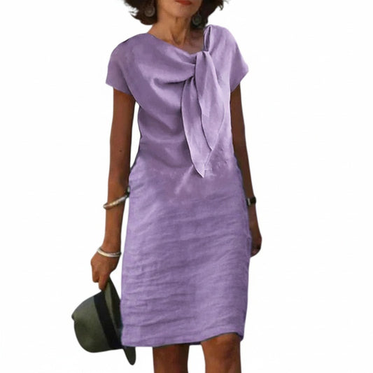 Women’s Midi Dress with Short Sleeves and Decorative Bow - 1