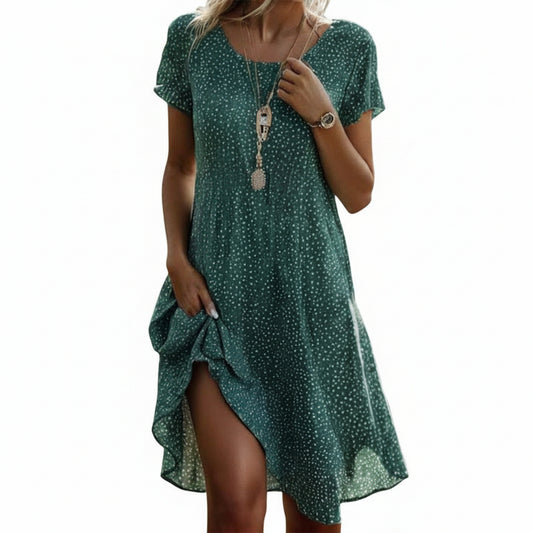 Women's Midi Dress with Short Sleeves, Polka Dot Print, and Round Neck - 1