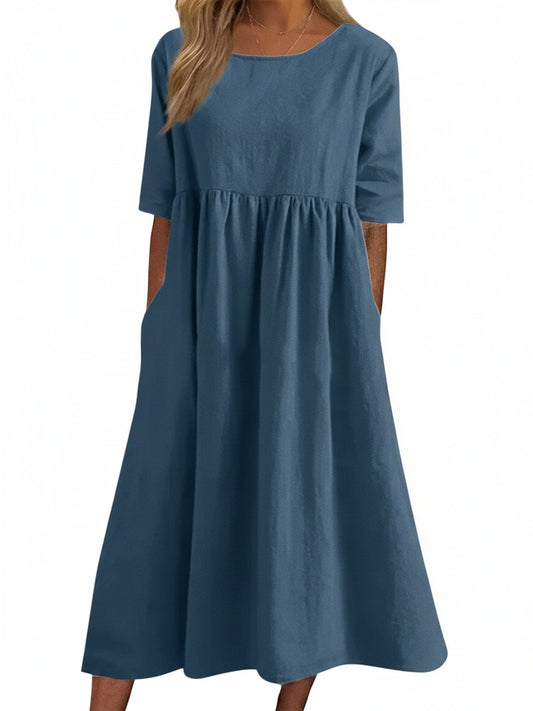 Women's Midi Dress with Short Sleeves, Round Neck, Empire Waist, and Pockets - 1