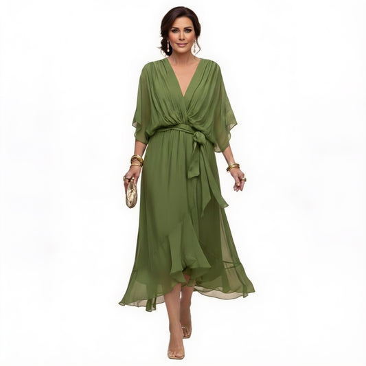 Women’s Midi Dress with V-Neck, Batwing Sleeves and Belt - 1