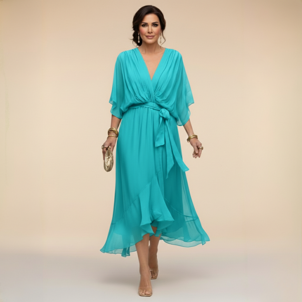 Women’s Midi Dress with V-Neck, Batwing Sleeves and Belt - 6