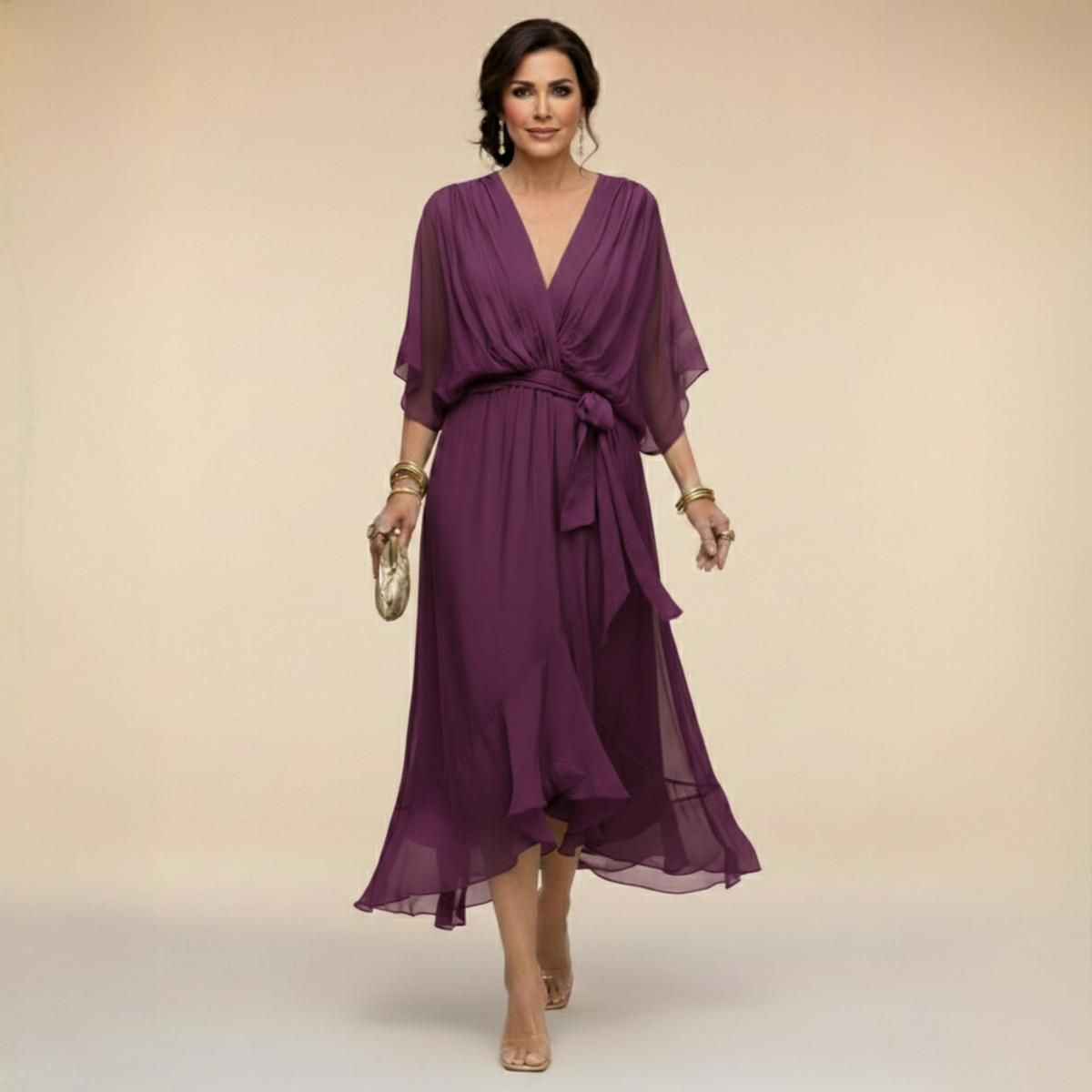 Women’s Midi Dress with V-Neck, Batwing Sleeves and Belt - 9