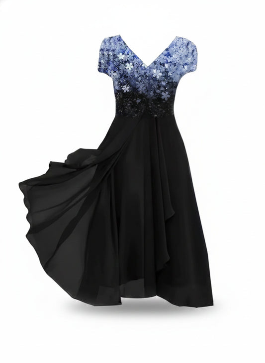 Women's Midi Evening Dress with V-Neck, Floral Print, and Flared Skirt - 1