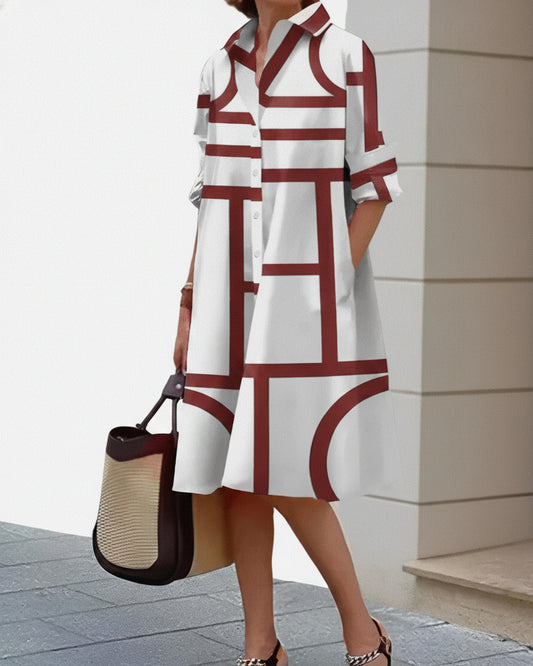 Women's Midi Shirt Dress with Geometric Print, Collar, and Pockets - 1