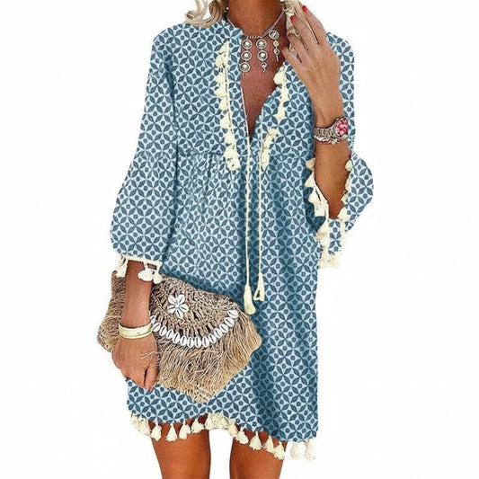 Women's Mini Bohemian Dress with V-Neck, Three-Quarter Sleeves, and Fringes - 1