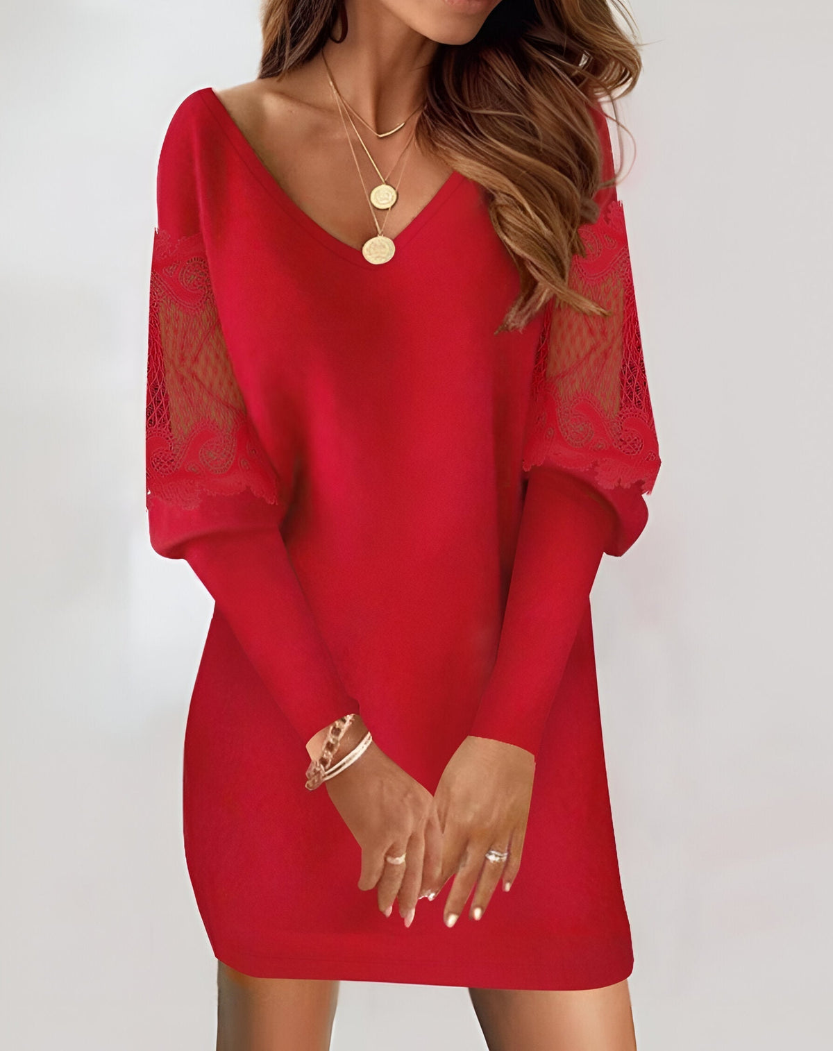 Women's Mini Dress Long Sleeve with V-Neck and Lace Detail