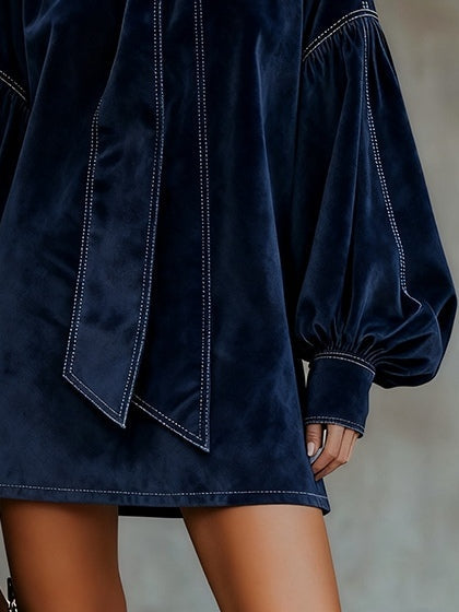 Women's Mini Dress with Bow Neck and Lantern Sleeves