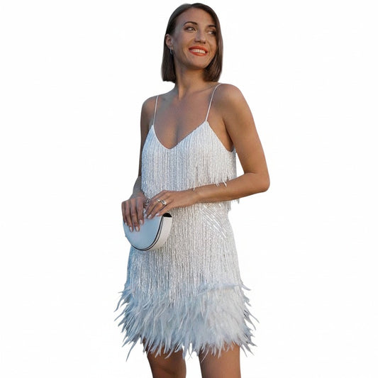 Women’s Mini Dress with Shimmering Fringes, V-Neck and Feather Trim - 1