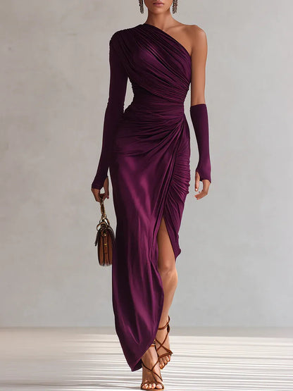 Women's One Shoulder Maxi Dress with Single Long Sleeve, Ruched Bodice and Thigh-High Slit