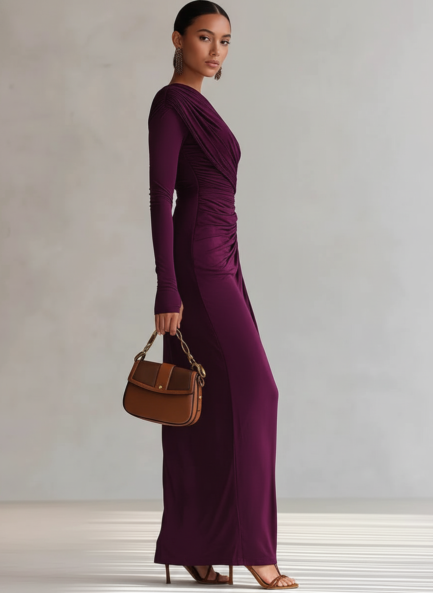 Women's One Shoulder Maxi Dress with Single Long Sleeve, Ruched Bodice and Thigh-High Slit