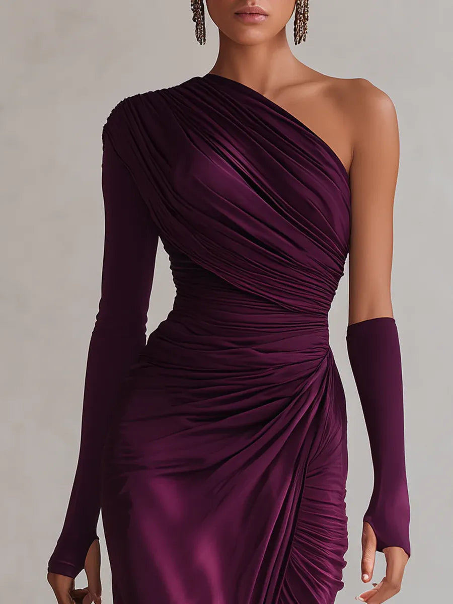Women's One Shoulder Maxi Dress with Single Long Sleeve, Ruched Bodice and Thigh-High Slit