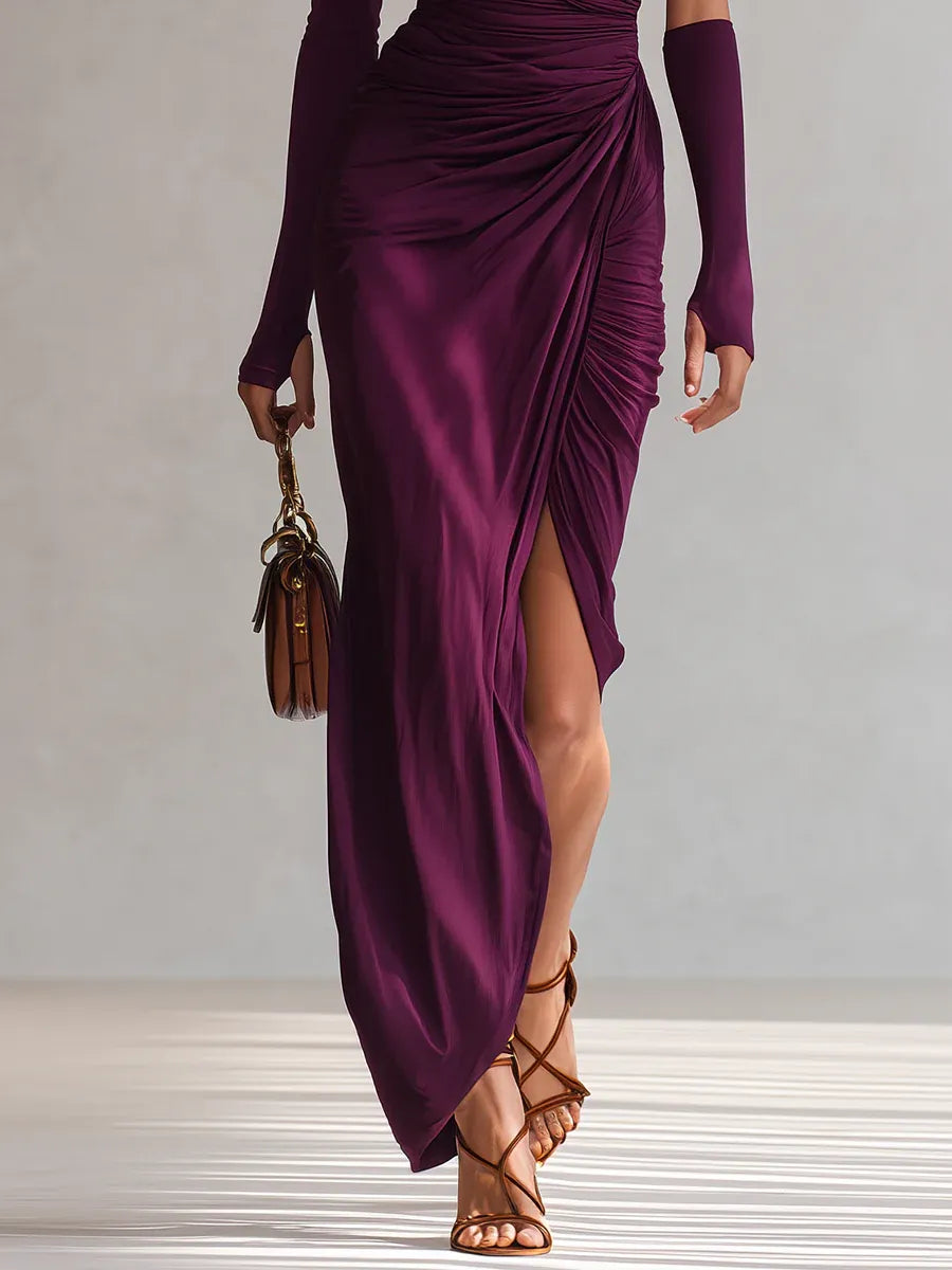 Women's One Shoulder Maxi Dress with Single Long Sleeve, Ruched Bodice and Thigh-High Slit
