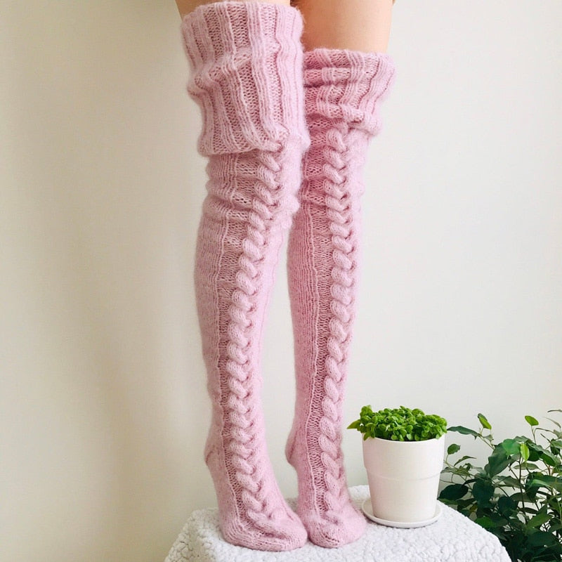Women's Over the Knee Cable Knit Socks with Folded Cuff