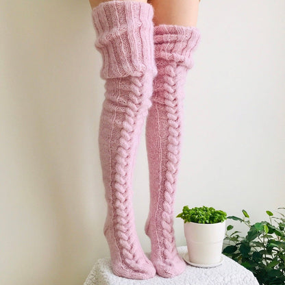 Women's Over the Knee Cable Knit Socks with Folded Cuff