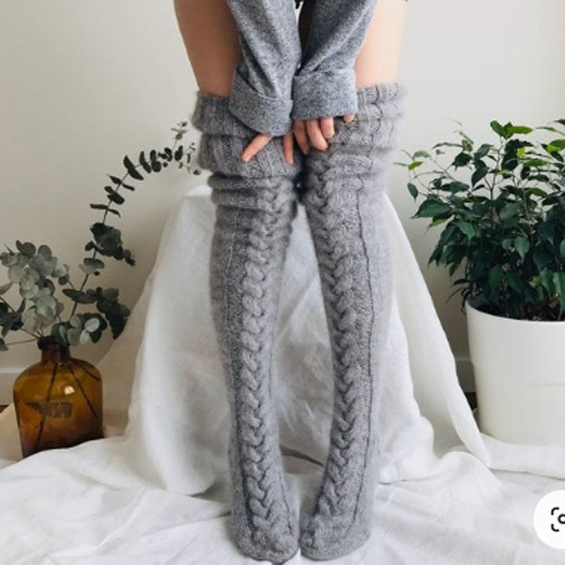 Women's Over the Knee Cable Knit Socks with Folded Cuff
