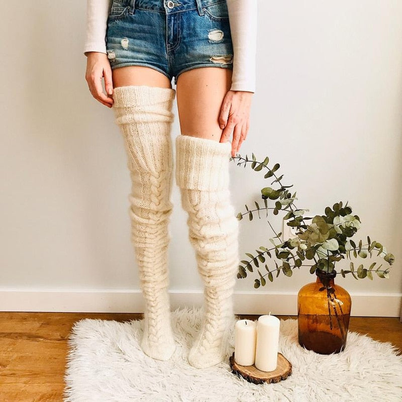 Women's Over the Knee Cable Knit Socks with Folded Cuff