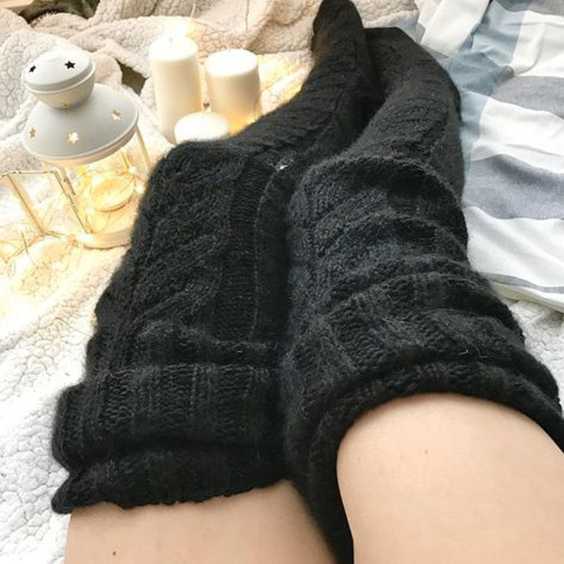 Women's Over the Knee Cable Knit Socks with Folded Cuff