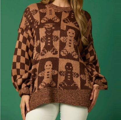 Women's Oversized Halloween Sweater with Checkered Sleeves and Round Neck - 7