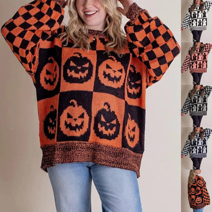 Women's Oversized Halloween Sweater with Checkered Sleeves and Round Neck - 8