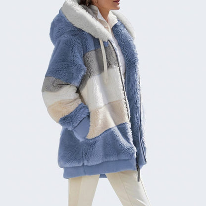 Women's Oversized Hooded Sherpa Jacket with Color Block Panels and Pockets