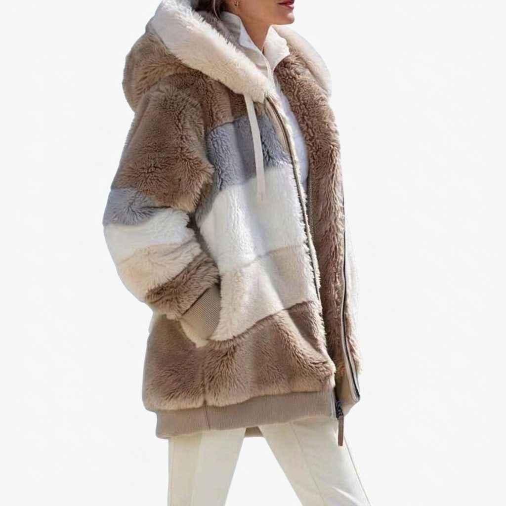 Women's Oversized Hooded Sherpa Jacket with Color Block Panels and Pockets