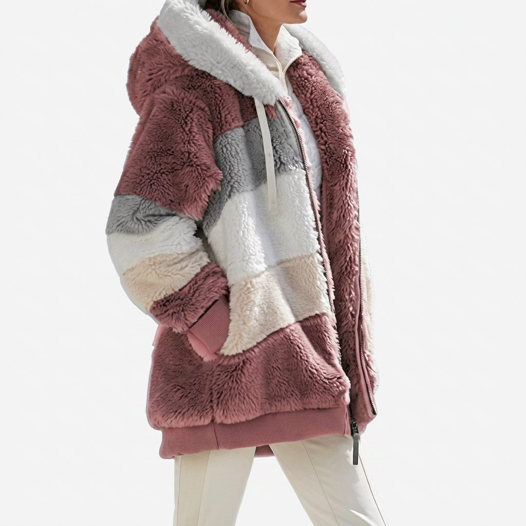 Women's Oversized Hooded Sherpa Jacket with Color Block Panels and Pockets