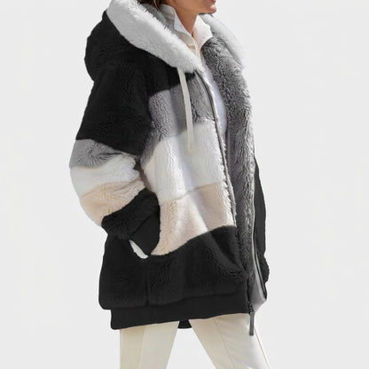 Women's Oversized Hooded Sherpa Jacket with Color Block Panels and Pockets
