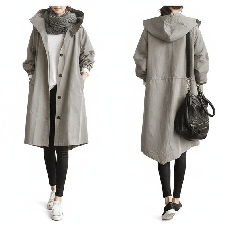 Women's Oversized Hooded Windbreaker Long Coat with Button Closure
