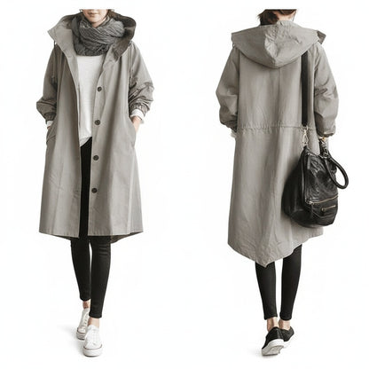 Women's Oversized Hooded Windbreaker Long Coat with Button Closure