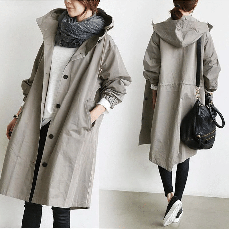 Women's Oversized Hooded Windbreaker Long Coat with Button Closure
