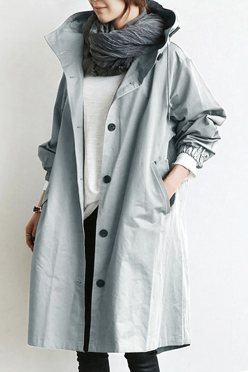 Women's Oversized Hooded Windbreaker Long Coat with Button Closure