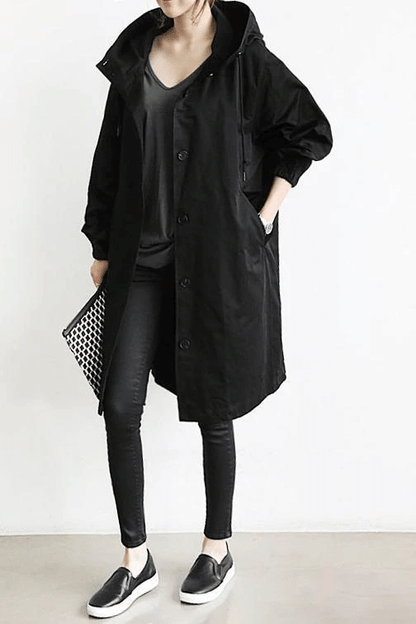Women's Oversized Hooded Windbreaker Long Coat with Button Closure
