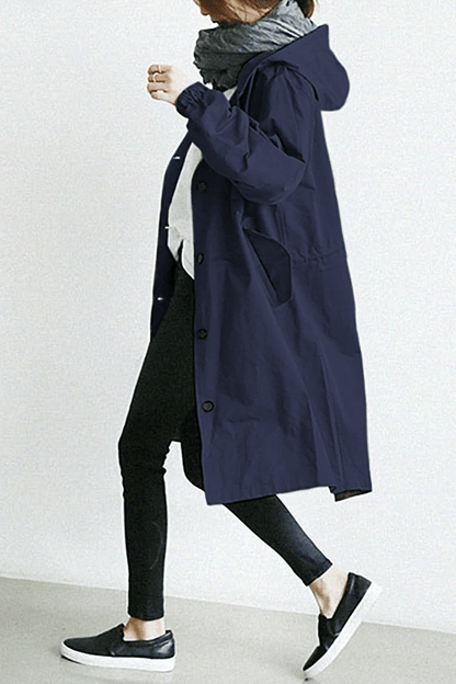 Women's Oversized Hooded Windbreaker Long Coat with Button Closure