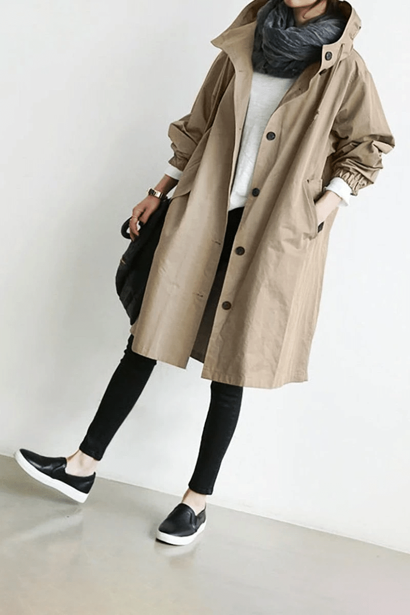 Women's Oversized Hooded Windbreaker Long Coat with Button Closure