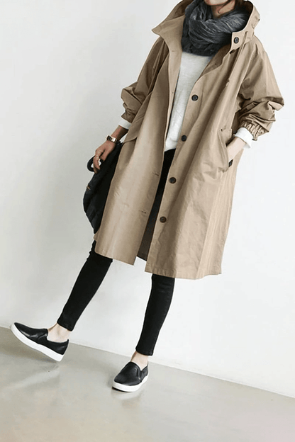 Women's Oversized Hooded Windbreaker Long Coat with Button Closure