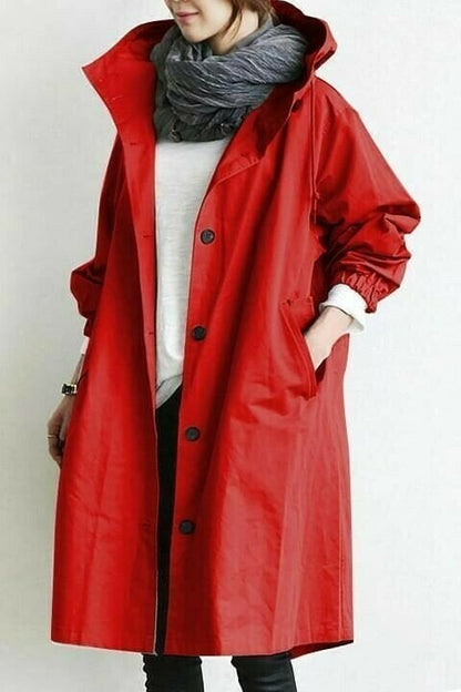 Women's Oversized Hooded Windbreaker Long Coat with Button Closure