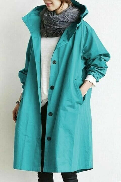 Women's Oversized Hooded Windbreaker Long Coat with Button Closure