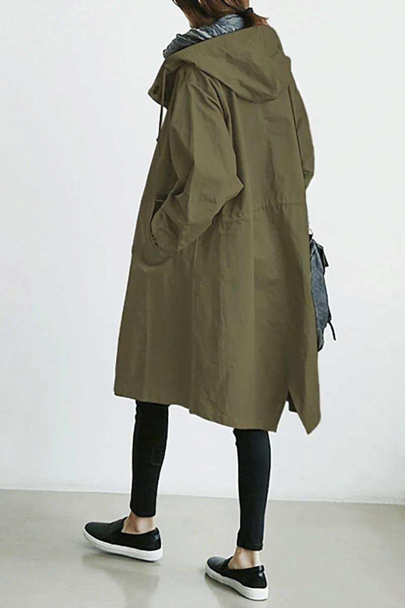 Women's Oversized Hooded Windbreaker Long Coat with Button Closure