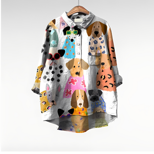 Women's Oversized Long Sleeve Shirt with Dog Print - 1