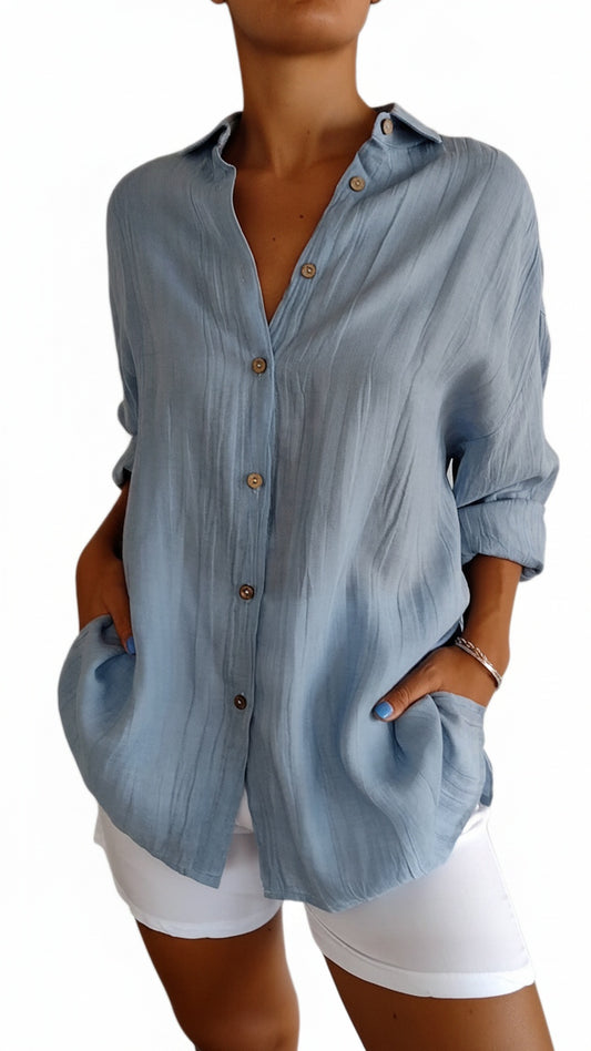 Women's Oversized Shirt with Long Sleeves, Collar, and Button Placket - 1