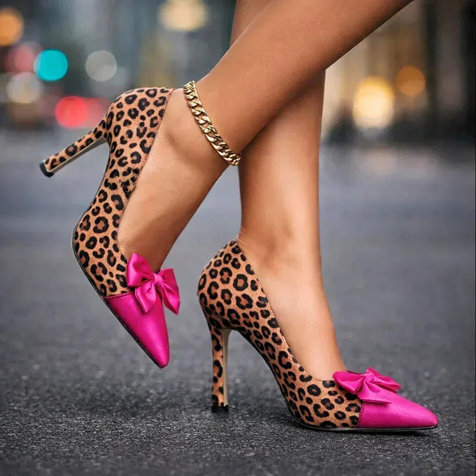 Women's Pointed Toe Bow Heels with Leopard Print