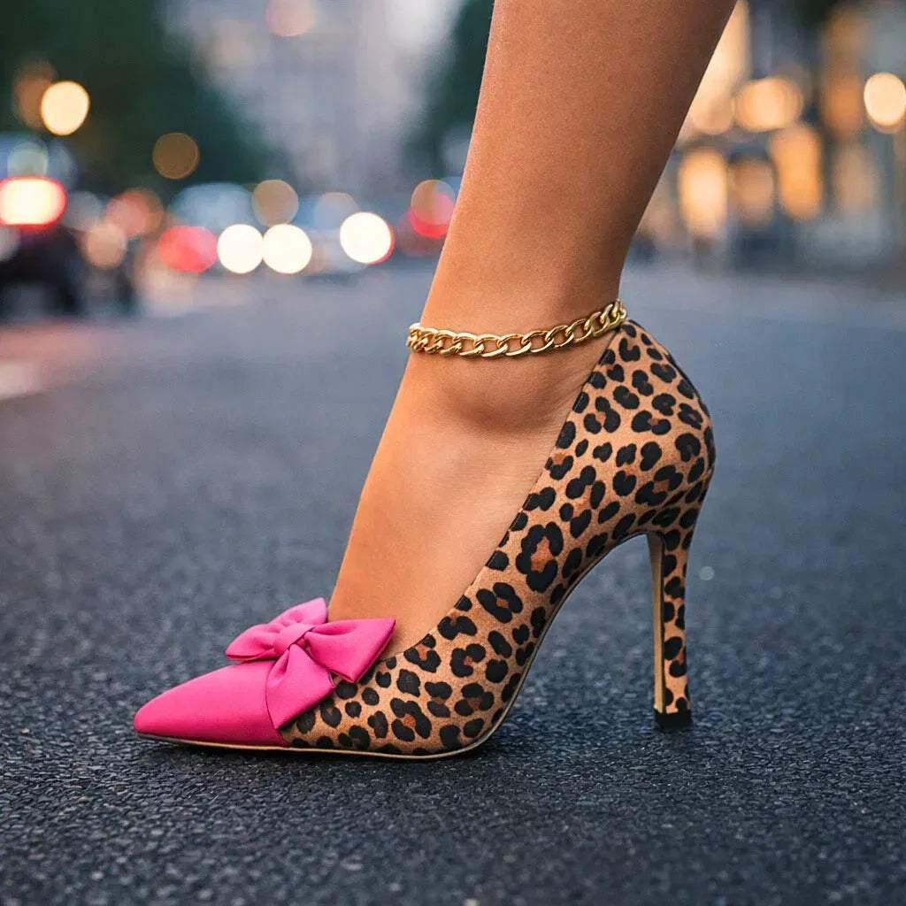 Women's Pointed Toe Bow Heels with Leopard Print