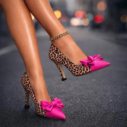 Women's Pointed Toe Bow Heels with Leopard Print