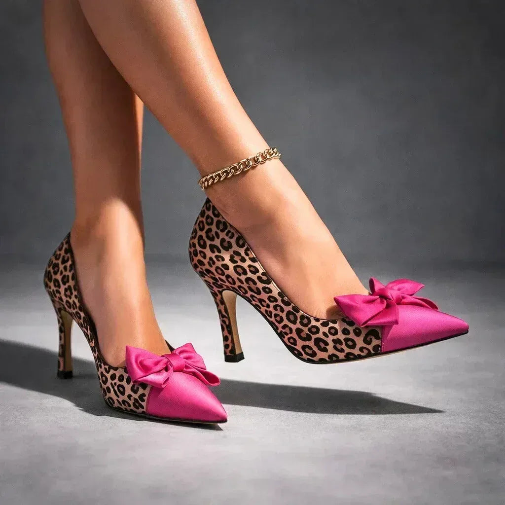 Women's Pointed Toe Bow Heels with Leopard Print