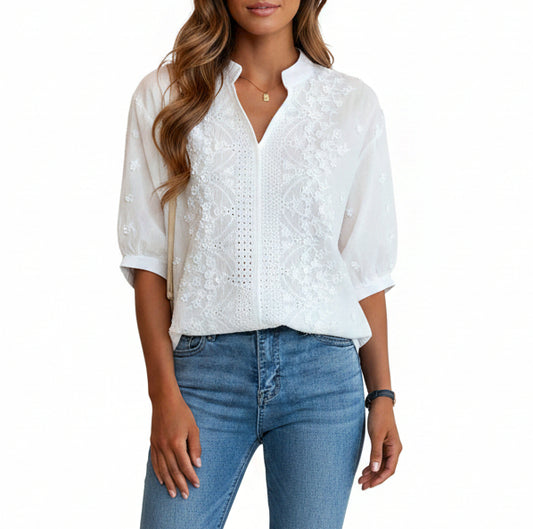 Women's Puff Sleeve Blouse with V-Neck and Floral Embroidery - 1